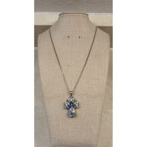 Vintage Millefiori Sterling Silver Cross Pendant 20" Sterling Box Chain Murano